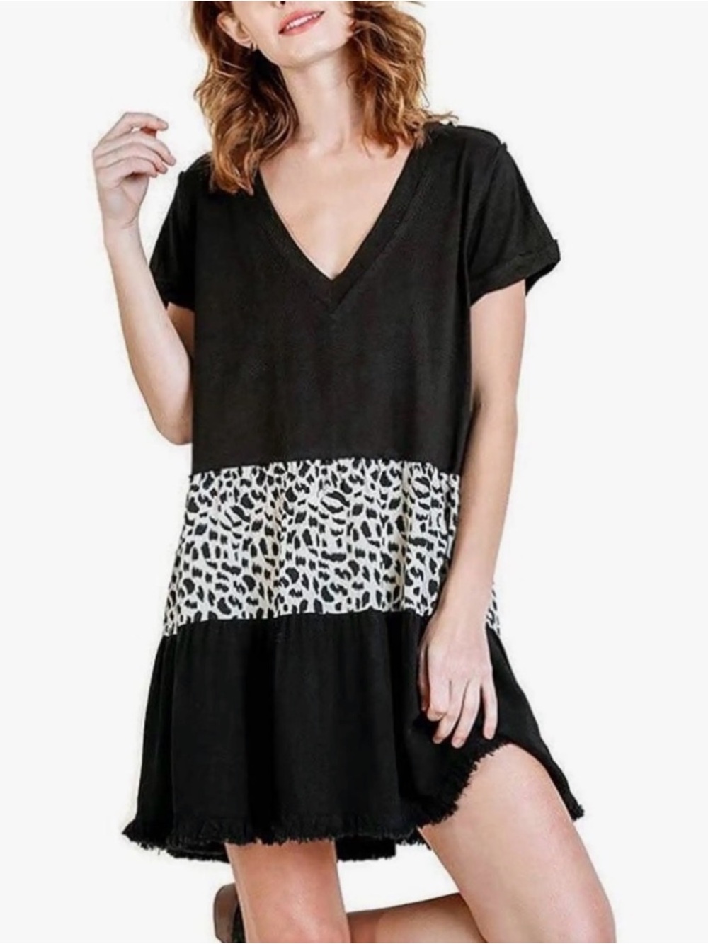 Umgee Leopard Trim Long Shirt Dress